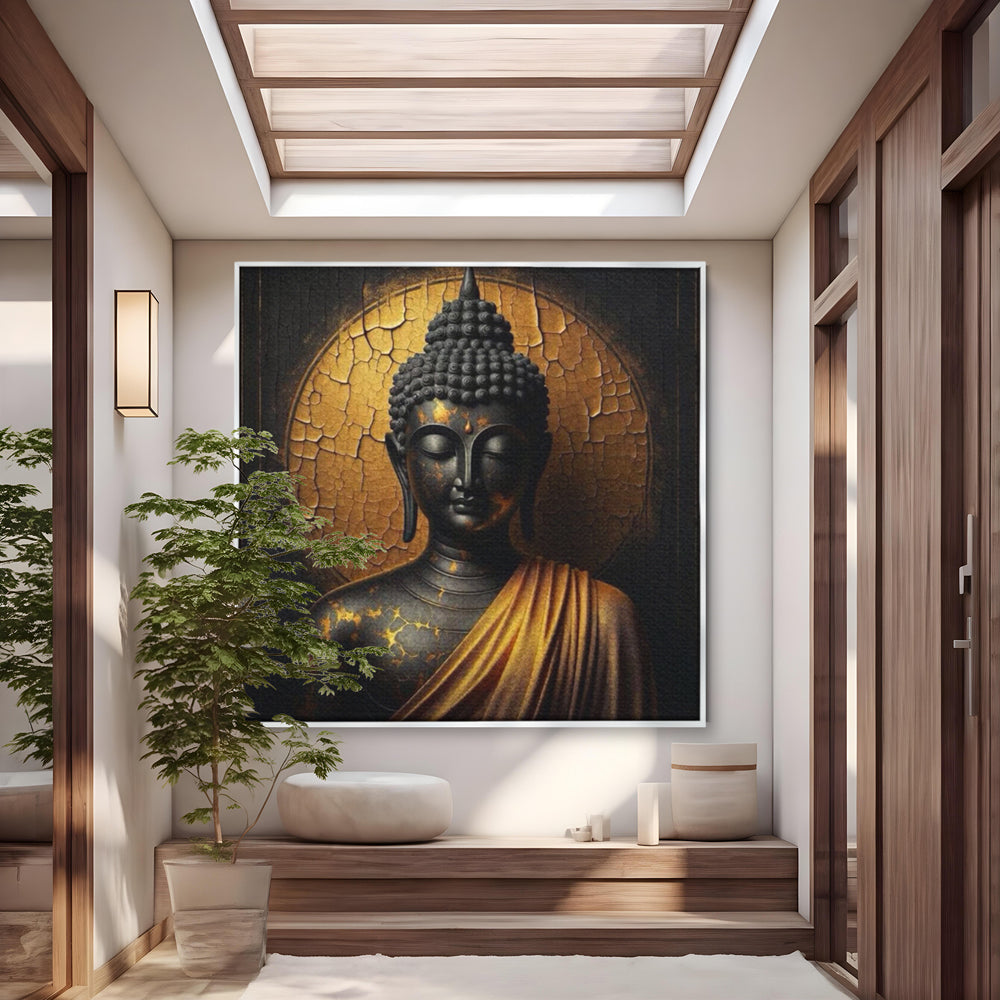 Tablou canvas cu tablou canvas cu portret buddha, in rama de aluminiu argintiu